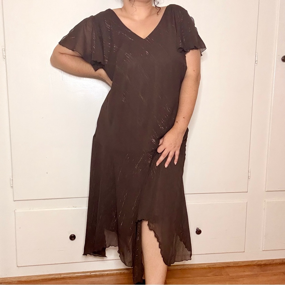 Vintage Y2K Brown Fairy Asymmetrical Hem Bias Cut Metallic Midi Dress